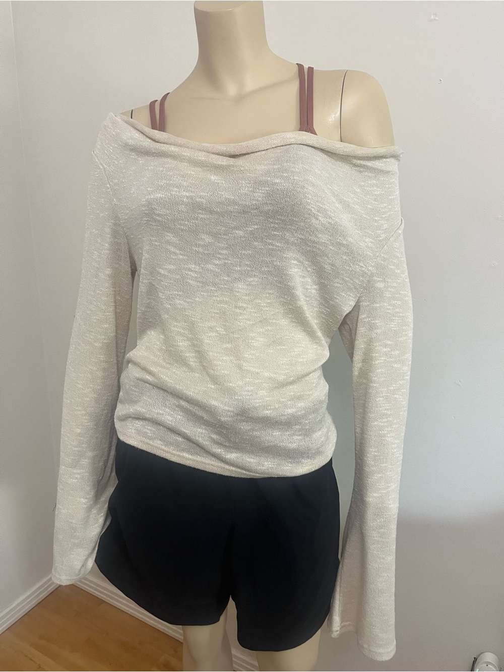 silence + noise Off-Shoulder Cream Slub Knit Sweater